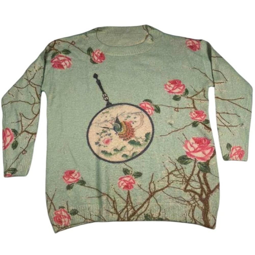 Floral Rose Print Asian Fan Sweater Cotton Wool Blend Knit Crew Neck S‎